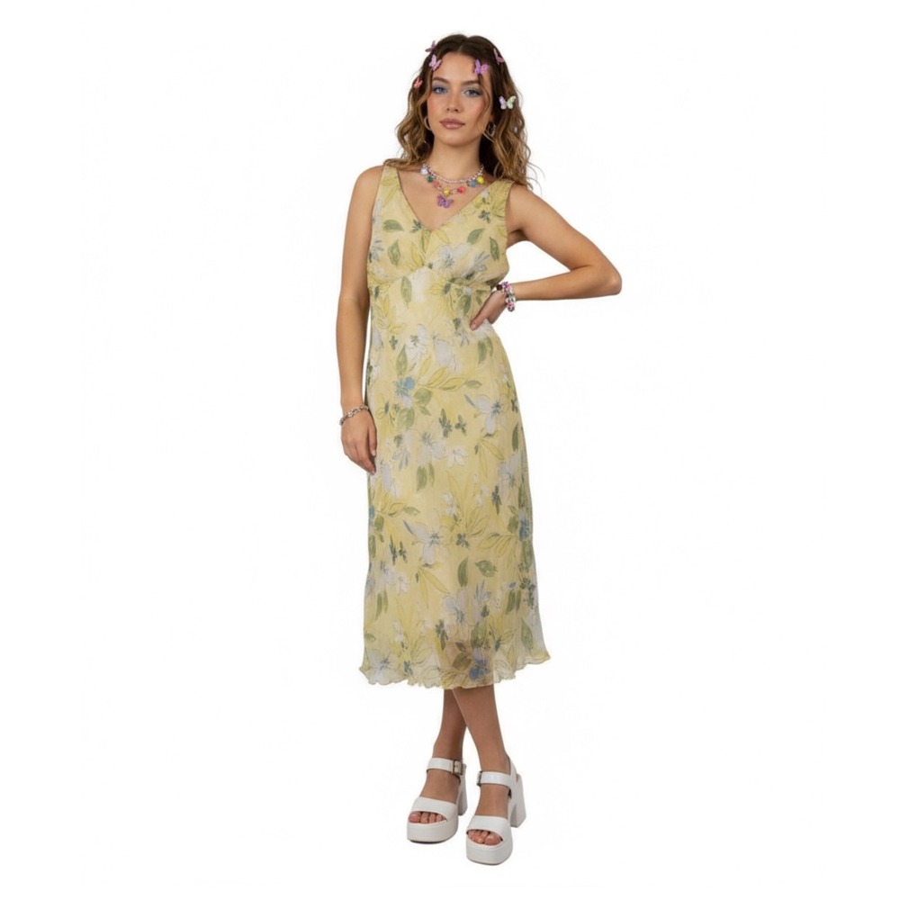 Fashion Bug Midi Dress Size L Y2K Babydoll Ruffle Fairy Whimsy Butter Yellow‎